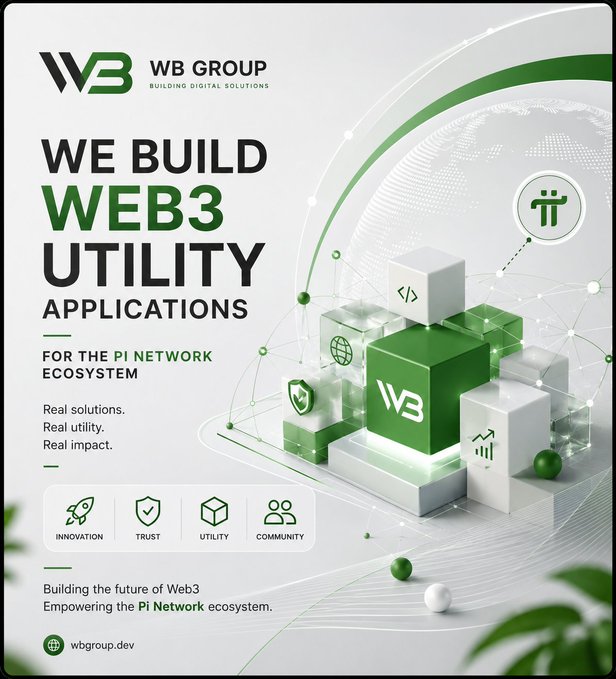 A promotional graphic for WB Group stating 'We Build Web3 Utility Applications for the Pi Network Ecosystem' with website wbgroup.dev.