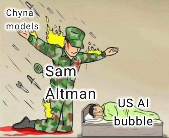 A soldier labeled "Sam Altman" shields a sleeping figure representing the "US AI bubble" from incoming projectiles labeled "Chyna models." This visual metaphor illustrates the post's claim that Altman's actions protected American interests in the AI sector.