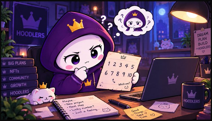 A thoughtful hooded character wearing a crown sits at a desk reviewing a "Which one?" list numbered 1–10 alongside a "Dream Plan Build #HOODLERS" poster, HOODLERS-branded merchandise, and notes like "New project" and "Things Are Going..." that echo the post's upbeat mood of rating the week a solid 9 with good things cooking for $ETH, $HDLR, and $REWARD.