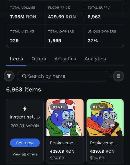 NFT marketplace dashboard showing 6,963 total items with 7.65M RON volume, 429.69 RON floor price, and Ronkeverse character listings at 429.69 RON.