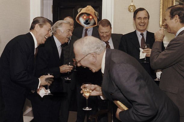 Vintage photo of several men in suits laughing, with one figure in the background edited to have an orange cat-like head with glowing red eyes.
