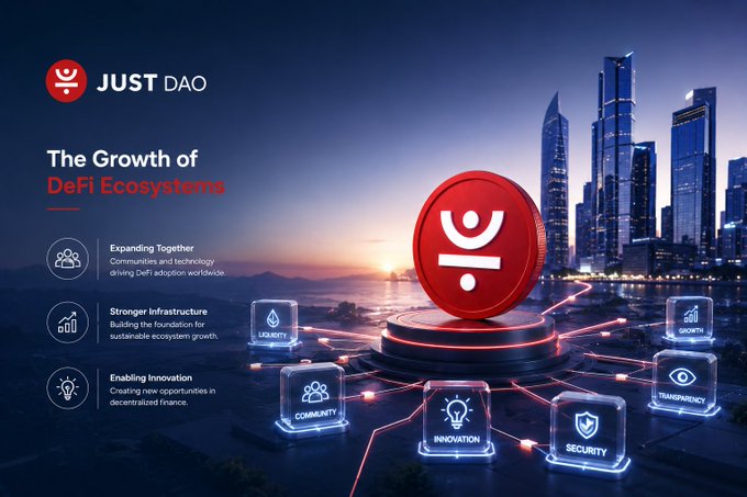 A futuristic cityscape promotional image for 'JUST DAO' titled 'The Growth of DeFi Ecosystems', featuring elements like Expanding Together, Stronger Infrastructure, Enabling Innovation, Liquidity, Growth, Community, Innovation, Transparency, and Security.