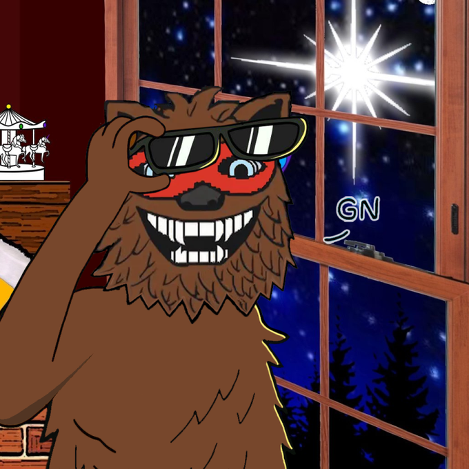 A cartoon illustration of a brown bear wearing sunglasses, smiling widely at the camera with a starry night sky visible through a window behind it, featuring the text "GN".