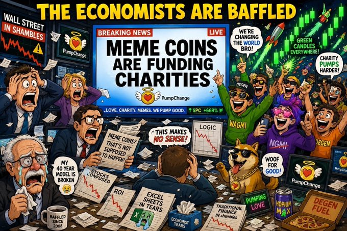 A cartoon illustration titled 'THE ECONOMISTS ARE BAFFLED' showing shocked financial analysts reacting to a breaking news headline that 'MEME COINS ARE FUNDING CHARITIES' via 'PumpChange,' with meme coin enthusiasts celebrating nearby.