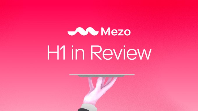 This image shows the Mezo logo and the text "H1 in Review," which visually represents the "first half of 2026" recap in the accompanying post. The image serves as a title card for the provided statistics on Mezo's performance.