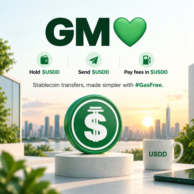 A green-and-white promotional graphic for $USDD shows “GM” with a heart, “Hold $USDD,” “Send $USDD,” “Pay fees in $USDD,” and “Stablecoin transfers, made simpler with #GasFree.”