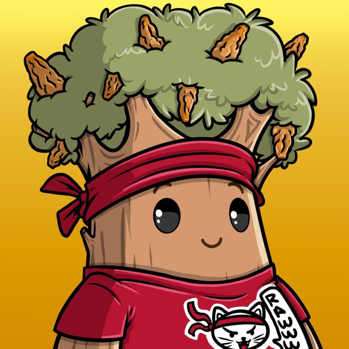 A cartoon broccoli character wearing a red headband and a red martial arts-style shirt with 'RAWE' and a cat logo, set against a yellow background.