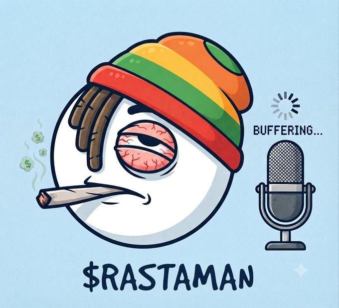 A cartoon illustration of a bloodshot eye wearing a rasta hat and smoking a blunt, labeled "$RASTAMAN", next to a microphone icon with a "BUFFERING..." loading symbol.