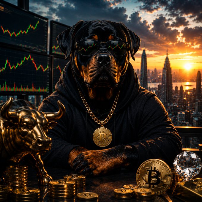 A Rottweiler wearing sunglasses and a gold Bitcoin chain medallion, posed with gold coins, a Bitcoin, a bull figurine, and a diamond against a city skyline at sunset with stock charts.