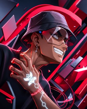 Stylized digital artwork of a smiling character wearing a bucket hat and sunglasses, with glowing tech-aesthetic tattoos on their hand and arm against a red and dark background.