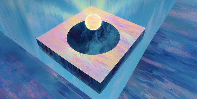 A digital abstract artwork featuring a glowing yellow sphere hovering over a dark circular depression in a pastel-colored square platform, surrounded by a misty blue environment.
