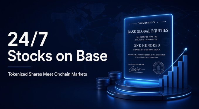 Promotional graphic for tokenized equities on Base, displaying '24/7 Stocks on Base' and 'Tokenized Shares Meet Onchain Markets' alongside a glowing Base Global Equities stock certificate and an upward growth chart.