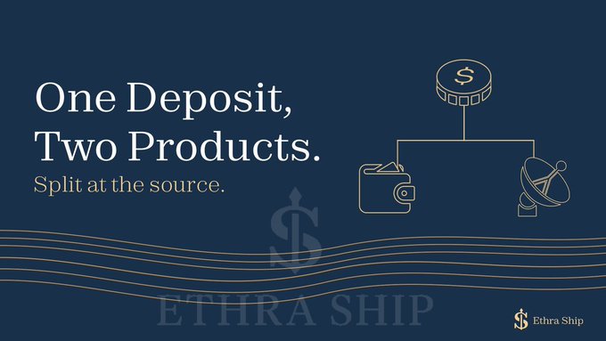 A dark blue promotional graphic for 'ETHRA SHIP' with the tagline 'One Deposit, Two Products. Split at the source,' showing icons of a coin splitting into a wallet and a satellite dish.