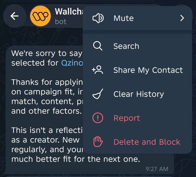 Telegram chat screenshot from 'Wallchain bot' showing a rejection message that the user wasn't selected for a Qzino campaign, with a menu overlay offering options like Mute, Search, Share My Contact, Clear History, Report, and Delete and Block.