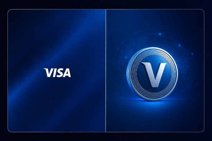 A promotional graphic displays the Visa logo on the left alongside a large 3D-rendered silver 'V' coin on the right against a deep blue, tech-inspired background.