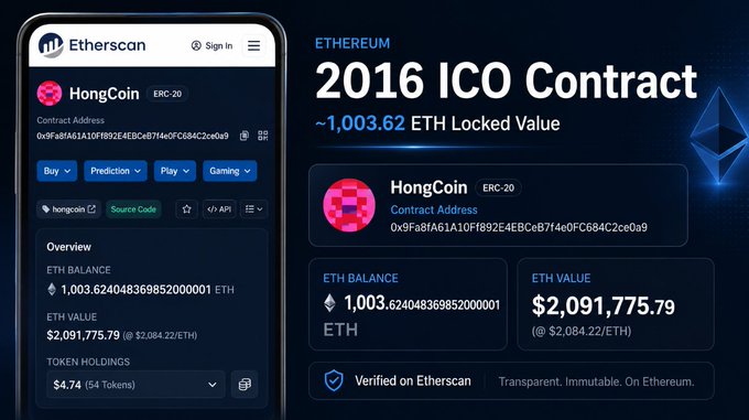 The image shows an advertisement for an upcoming ICO contract that has already been executed. The ICO was held on June 26, 2016, and has raised a total of $2M from investors who locked their funds into the cryptocurrency using a new verification system called "higgFC". The ICO's address is ethICO01.eth, and the website was called Etherscan.io. It appears to be a significant milestone for cryptocurrency enthusiasts and those looking to invest in this emerging market.