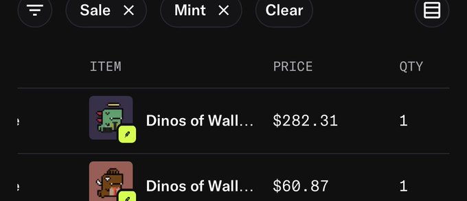 A dark-themed NFT marketplace interface showing listings for "Dinos of Wall..." with prices of $282.31 and $60.87, filtered by "Sale" and "Mint" tags.