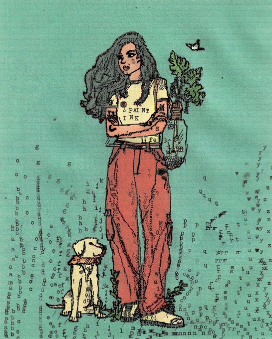 An illustration of a woman with long dark hair wearing a shirt reading 'PAINT IT' and 'life', holding a potted plant, with a small white dog beside her against a teal background covered in scattered letters.