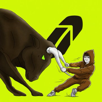 An illustration depicting a person in a hoodie attempting to restrain a charging bull, with a rising arrow symbol in the background, likely referencing bullish stock or crypto market sentiment.