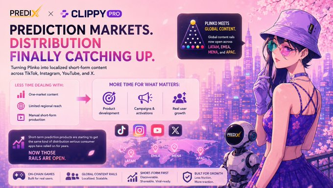 A promotional graphic announcing that PrediX and Clippy Pro are turning Plinko into localized short-form content across TikTok, Instagram, YouTube, and X, featuring an anime-style illustration alongside text highlighting benefits like "less time dealing with" one-market content, limited regional reach, and manual short-form production, while gaining more time for product development, campaigns, and real user growth.