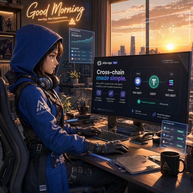 A stylized digital illustration of a hooded figure working at a computer with 'Allbridge' branding visible on the monitor, showing a 'Cross-chain made simple' USDT transfer interface and 'Good Morning' neon signage.