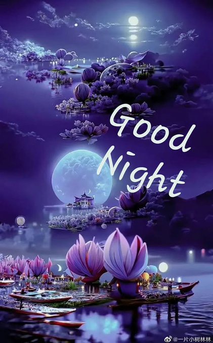 A dreamy nighttime fantasy illustration featuring a large moon, glowing purple lotus flowers, and a pagoda reflected on water, with 'Good Night' written in white script.