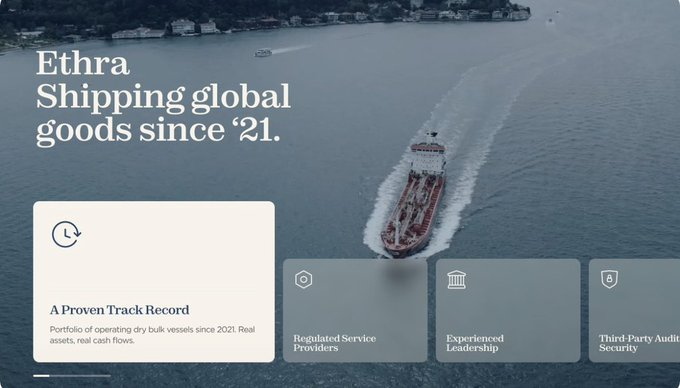 A website header for 'Ethra Shipping' stating 'Shipping global goods since '21,' featuring an aerial view of a red cargo ship in the water, with sections for 'A Proven Track Record,' 'Regulated Service Providers,' 'Experienced Leadership,' and 'Third-Party Audit Security.'