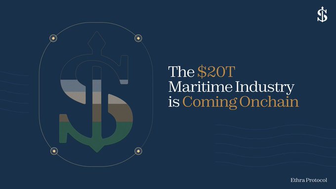 A dark navy slide for Ethra Protocol with a stylized anchor-dollar logo and the text 'The $20T Maritime Industry is Coming Onchain.'