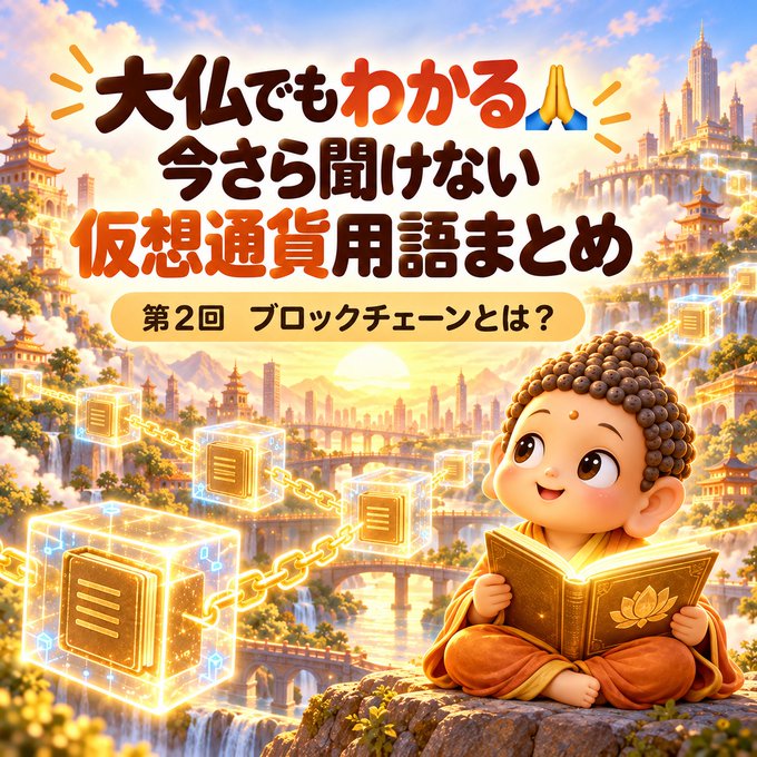 A vibrant Japanese-language illustration featuring a cartoon monk reading a book amidst floating blockchain blocks, with text '大仏でもわかる 今さら聞けない 仮想通貨用語まとめ 第2回 ブロックチェーンとは？'