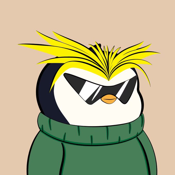 The same cartoon penguin character, now wearing angular black sunglasses and a green sweater against a beige background.