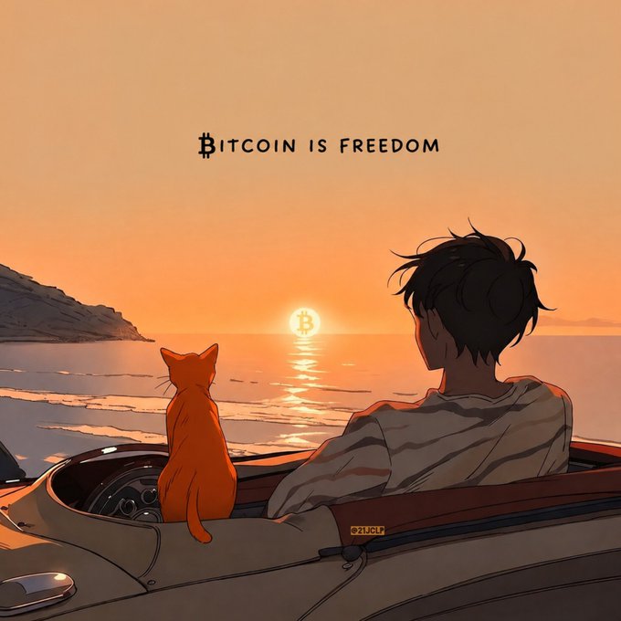 An anime-style illustration shows a person and an orange cat sitting in a convertible, gazing at a sunset over the ocean where the sun resembles the Bitcoin "₿" logo, with the text "BITCOIN IS FREEDOM" displayed above—evoking a serene, liberated lifestyle tied to the cryptocurrency.