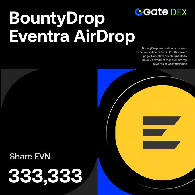 This image promotes the "BountyDrop Eventra AirDrop" from Gate DEX, highlighting that users can share 333,333 units of EVN by completing the listed tasks. The image visually represents the air drop details with the Gate DEX logo and the Eventra logo.