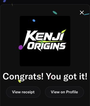 A mobile app congratulation screen displaying 'Congrats! You got it!' after receiving the Kenji Origins digital collectible, with options to view the receipt or profile.