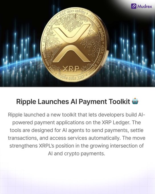 The image features a gold coin with an XRP symbol, which is the main focus of the post. The text in the post reads "Ripple Launches Al Payment Toolkit", indicating that Ripple has developed a new payment toolkit for use by developers. This toolkit allows them to build applications that can send payments directly to the Ripple Ledger using the XRP protocol. The post also mentions that this toolkit is designed for agents who want to send payments, and it provides information on how to use it.