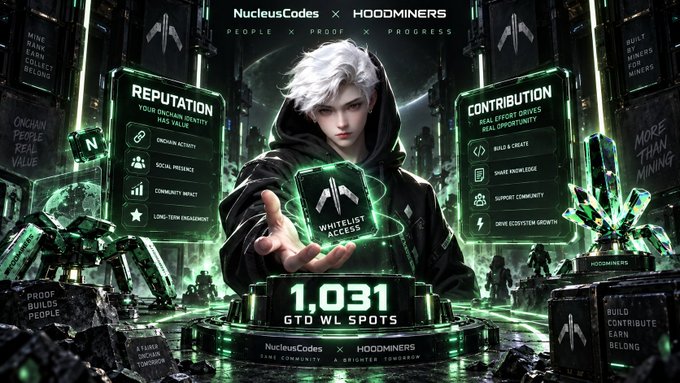 A promotional graphic for NucleusCodes x HOODMINERS featuring a white-haired character holding a glowing 'WHITELIST ACCESS' card, advertising 1,031 GTD WL SPOTS.