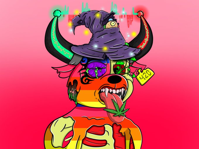 A stylized cartoon character with a rainbow-striped body, glowing horns, and a witch hat sports a price tag reading "420" while holding a cannabis leaf, visually embodying the "BullBear" persona rooted in the "SolOnChain" crypto community. The chaotic, psychedelic design with cityscape silhouettes in the background reflects the meme culture of Solana-based digital assets.