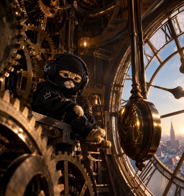 A whimsical image of a cat wearing a black hooded outfit and headphones, sitting among intricate brass clock gears with a large clock window overlooking a city skyline at sunset.