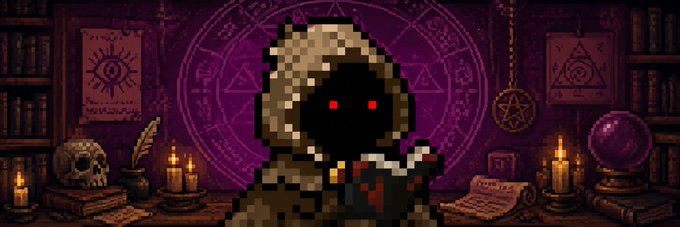 A hooded, shadowy figure with glowing red eyes stands before a mystical backdrop of arcane symbols, candles, and skulls in a dark ritual chamber. The image complements the post's message by evoking an aura of hidden, occult knowledge—suggesting that while competitors play the same "reward machine" game, MancerXYZ is summoning something far more mysterious and unconventional from the shadows of DeFi.