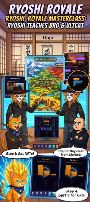 A promotional poster titled "RYOSHI ROYALE MASTERCLASS: RYOSHI TEACHES BRO & ULTCAT" explaining steps to "Get NFTs," "Buy Gear from Market," and "Battle for CKO" on the Hikari Kingdom platform.