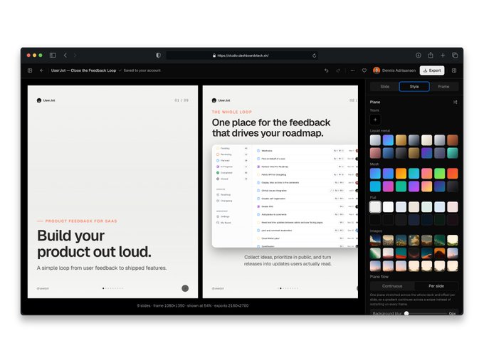 A screenshot of the Framer web design platform showing a 'User_Jet — Close the Feedback Loop' project, featuring a 'Build your product out loud' landing page design with a style editor panel open on the right side.