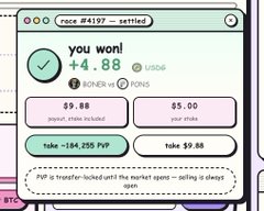 A screenshot of a settled race bet showing 'you won! $4.88' with options to 'take +184,256 PVP' or 'take $9.88', with bonus and stake columns.
