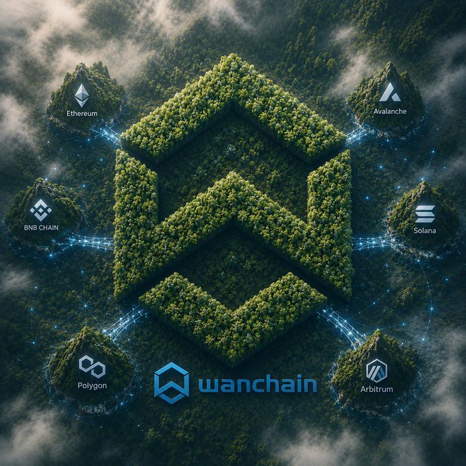 The image features a large, intricate design made of green trees arranged into a hexagon shape with six sides. Each side of the hexagon has a different logo representing various cryptocurrency companies such as Bitcoin, Binance Coin, Solana, Avalanche, Ripple, and Ethereum. The logos are positioned at the corners of the hexagon, creating a visually appealing pattern that showcases the diversity of these digital assets.
