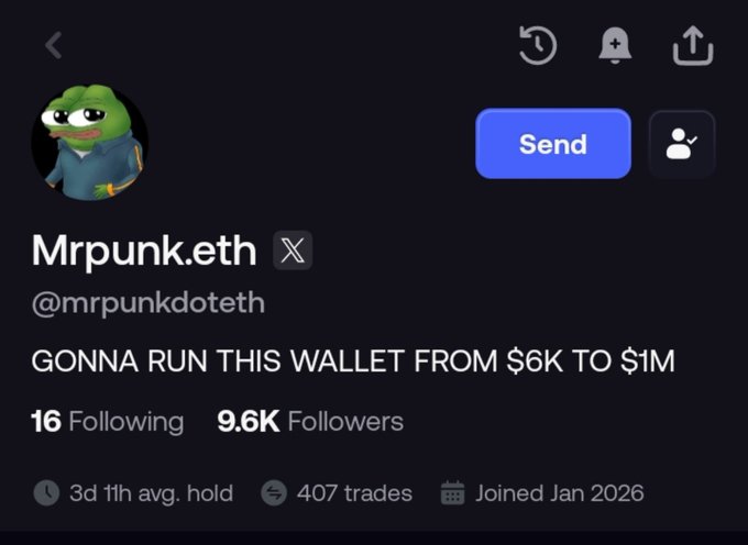 A Twitter/X profile page for 'Mrpunk.eth' (@mrpunkdoteth) displaying the bio 'GONNA RUN THIS WALLET FROM $6K TO $1M', with stats showing 16 following, 9.6K followers, and a Pepe the Frog avatar.