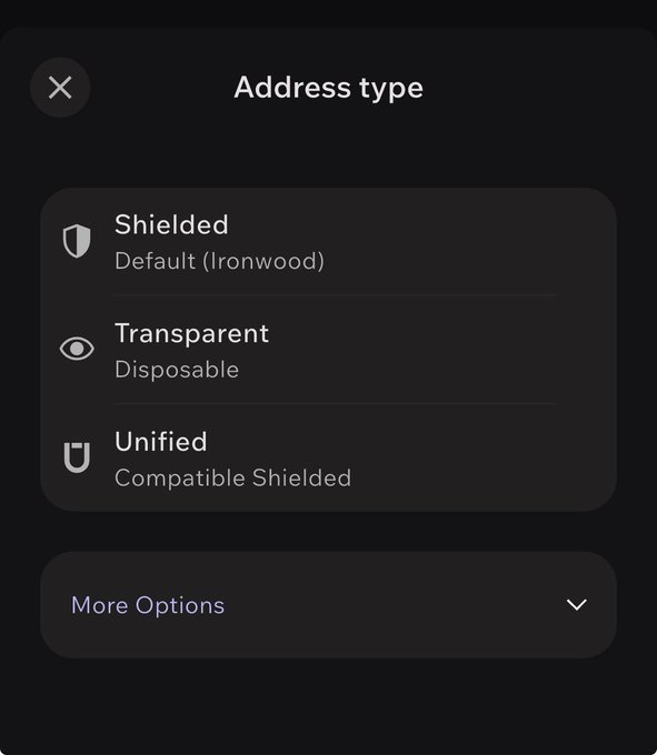 A dark-themed mobile interface menu titled 'Address type' offering three options: Shielded (Default Ironwood), Transparent (Disposable), and Unified (Compatible Shielded).