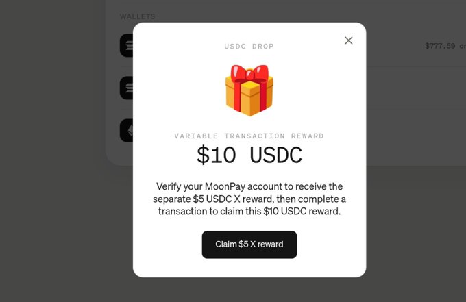 The image displays a "USDC DROP" notification from MoonPay, showing a variable transaction reward of "$10 USDC". The accompanying post expresses gratitude for this reward after staying up all night.