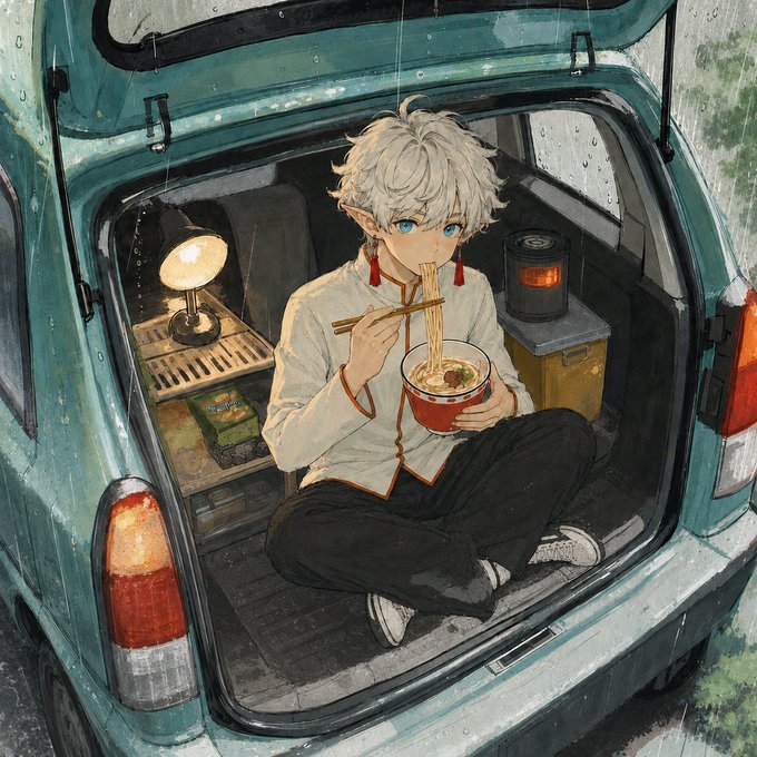 An anime-style illustration of a white-haired character with blue eyes and red earrings sitting cross-legged in the open trunk of a teal car, eating noodles from a red cup with chopsticks.