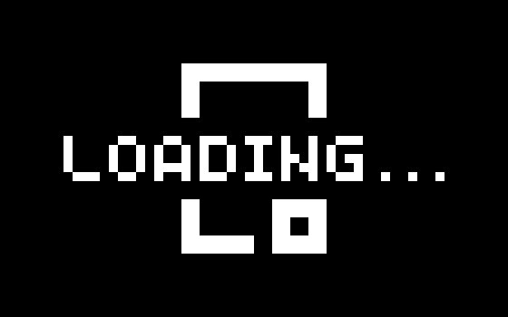 A pixel-art style 'LOADING...' text animation screen displayed in white on a black background with bracket-style frame elements.