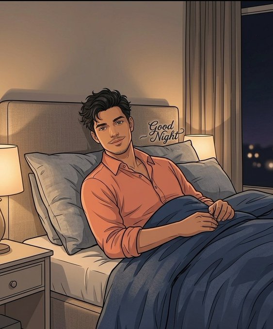 An illustrated anime-style scene shows a man with dark hair in an orange shirt lying in bed under blue covers, with 'Good Night' written above him beside a window showing a night skyline.