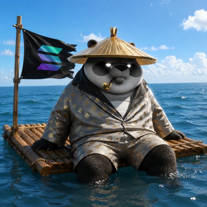 A relaxed panda in a patterned robe and conical hat lounges on a bamboo raft at sea, smoking a pipe beside a black flag bearing Solana's logo. The image embodies the post's message of unplugging and finding blissful calm, with the panda as the picture of zen-like contentment on a Sunday escape.