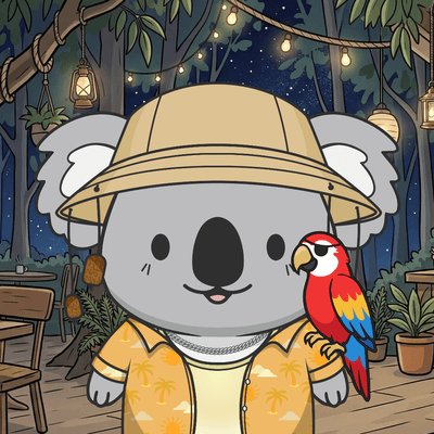 A cartoon koala wearing a tan safari hat and yellow Hawaiian shirt poses with a vibrant red and blue parrot perched on its shoulder, set against a nighttime jungle backdrop with glowing lanterns. The image ties into a giveaway post featuring $ANSEM and $KOKOP tokens, where KokopiCanopy's tropical, adventure-themed mascot complements the playful spirit of the crypto promotion.